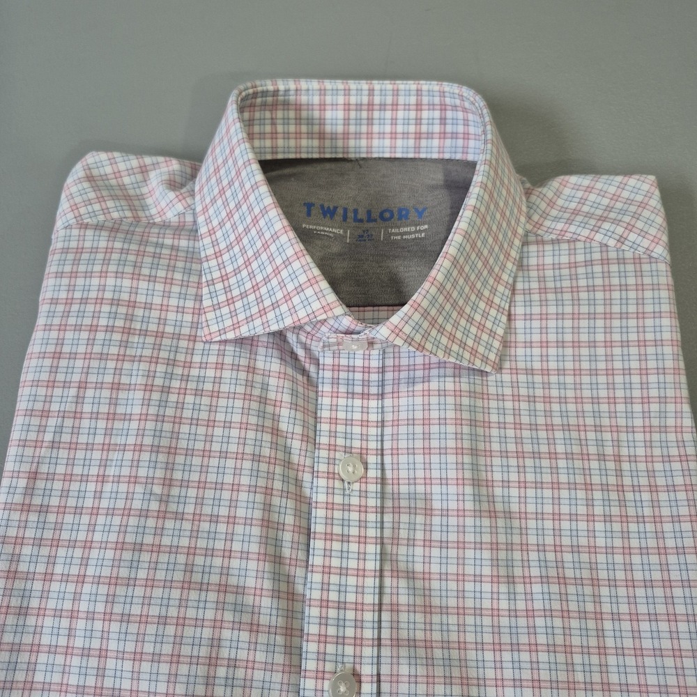 Twillory Dress Shirt Mens 17 36-37 Trim Fit Performance Fabric Pink Blue Check